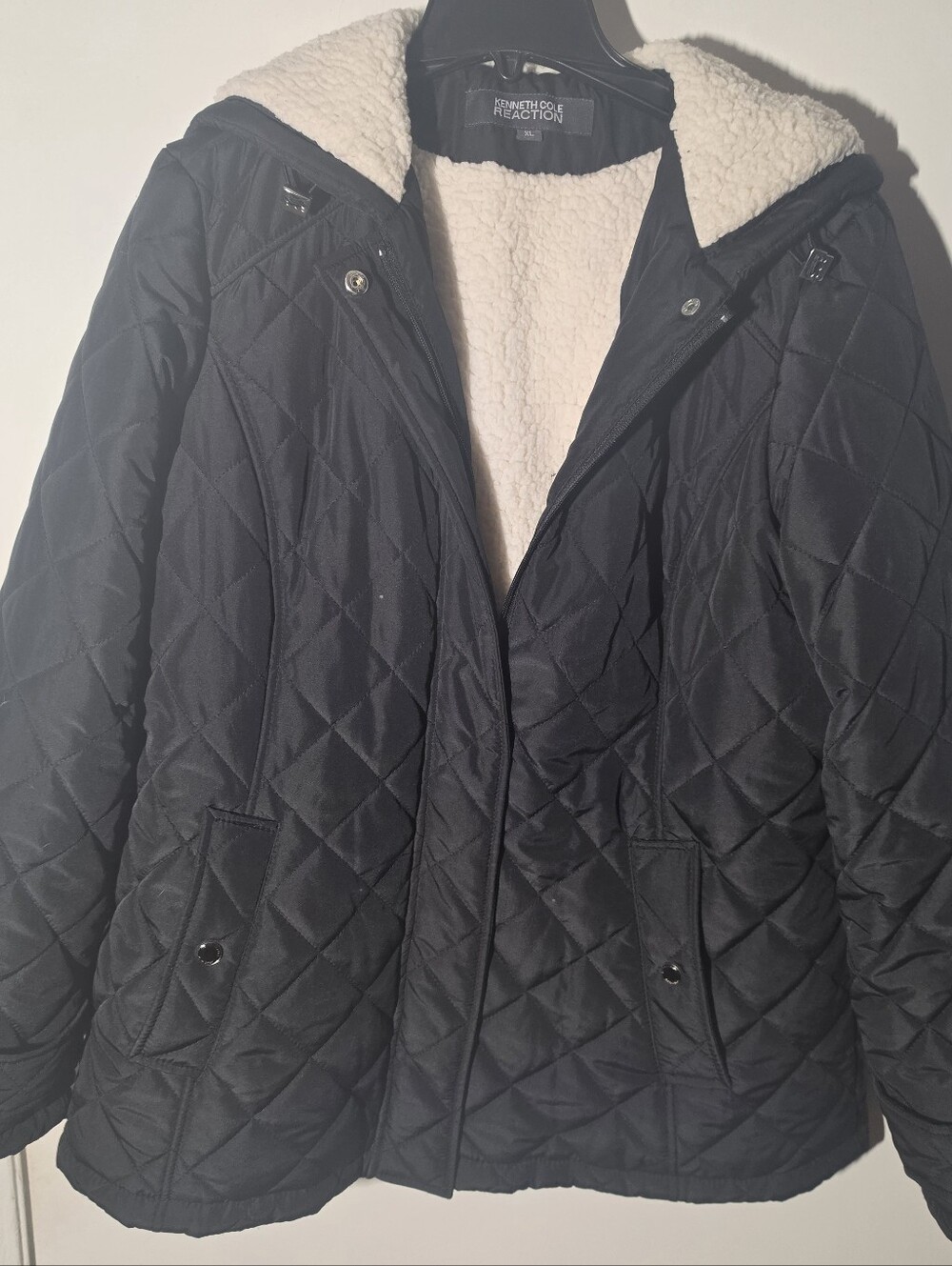 Kenneth Cole Reaction Women's Black Quilted Coat with Cream Sherpa Lining